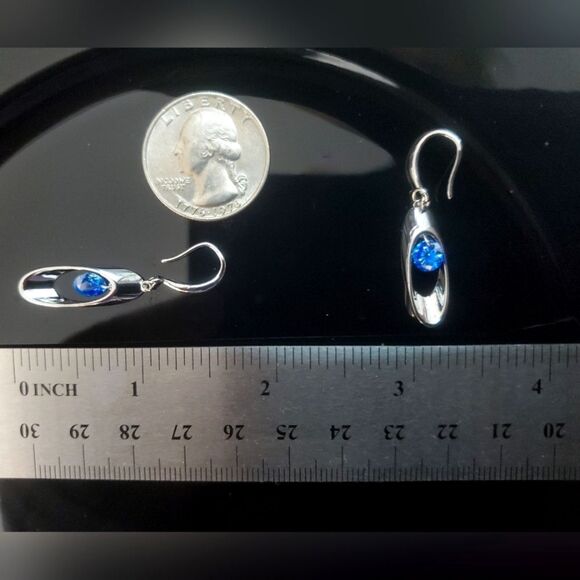 Round Blue Crystal Long Dangle Fishhook Earrings on 925 Silver - Picture 7 of 9